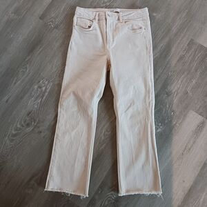 Zara High Rise Straight Crop Ankle Frayed Raw Edge Hem Ivory Cream Denim Jeans